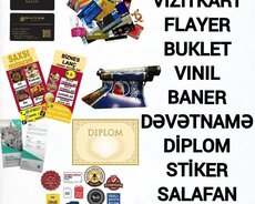 Vizitka, Flayer, Buklet, Stiker, Vinil, Baner, Dəvətnamə, Sa