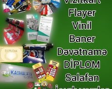 Vizitkart, Flayer, Vinil, baner, Diplom, salafan, isıqlı Yazı